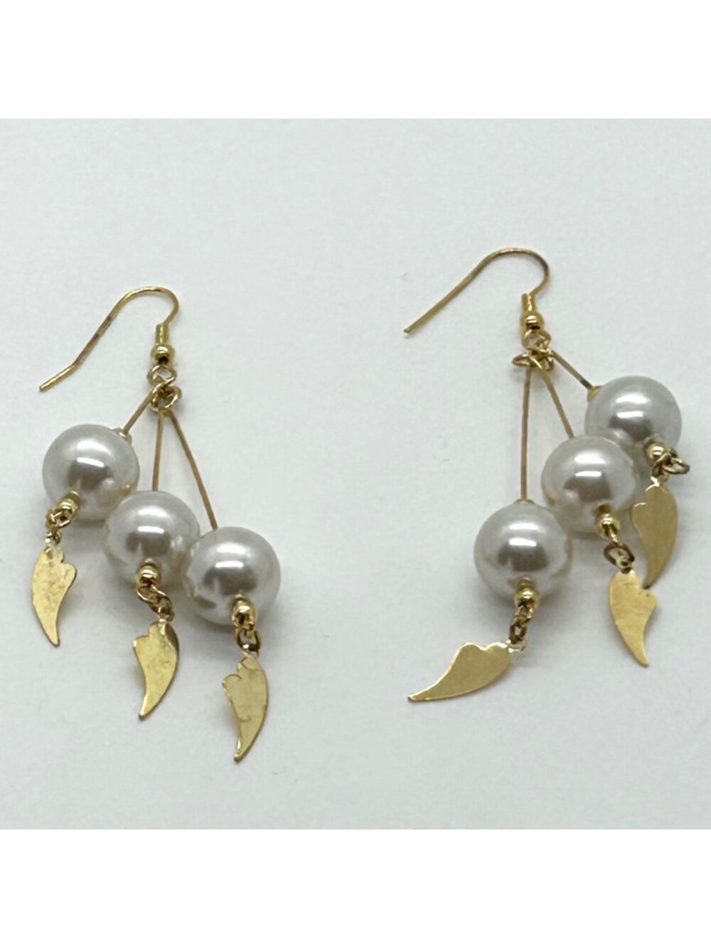 Vintage Gold--tone Faux Pearl Dangle Earrings With Leaf Charms Statement 3.25 in